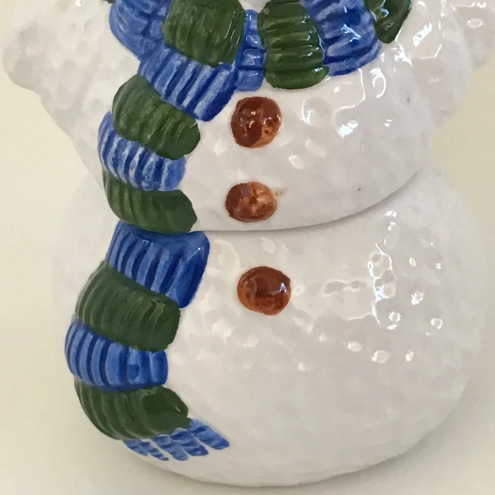 4 Piece Set Sugar Creamer Salt Pepper Holiday Winter Snowman Ceramic